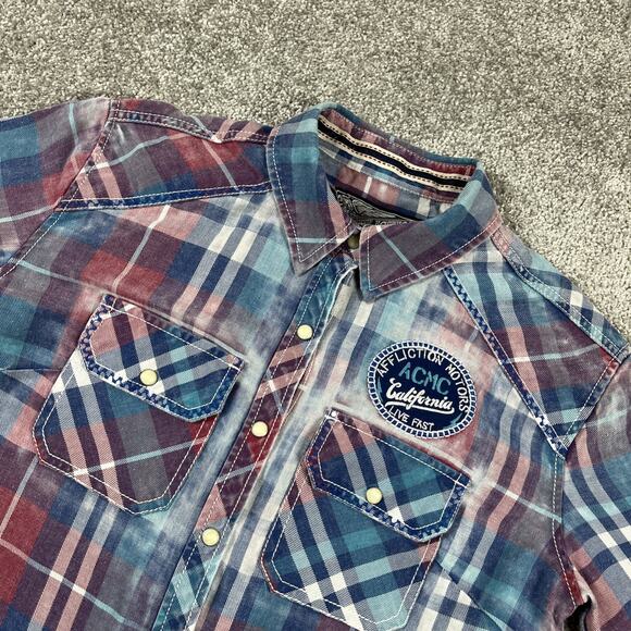 Affliction Shirt Womens Small Snap Motors Biker Western Button Up Plaid - Picture 1 of 14